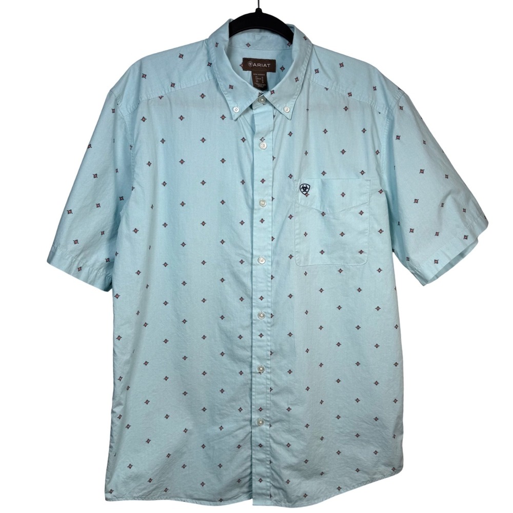Ariat Royce Mens M Blue Geometric Diamond Western Short Sleeve Button Down Shirt